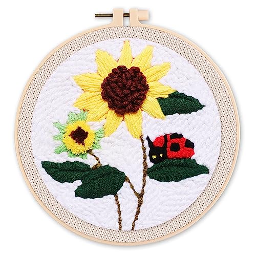 Figured'Art Punch Needle Set für Erwachsene - Stickerei, ideal für Anfänger - Marienkäfer auf einer Sonnenblume - 20x20cm mit rundem Rahmen von Figured'Art