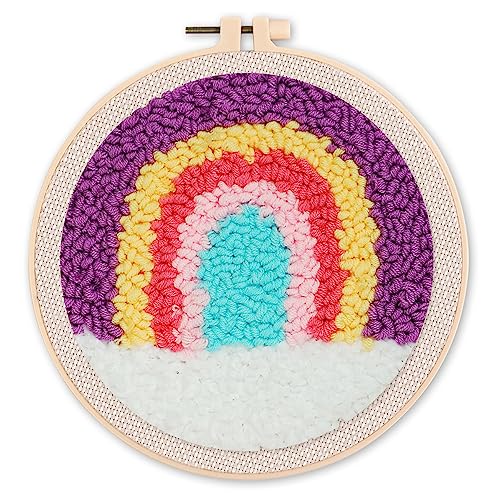 Figured'Art Punch Needle Set für Erwachsene - Stickerei, ideal für Anfänger - Pastellfarbener Regenbogen - 20x20cm mit rundem Rahmen von Figured'Art