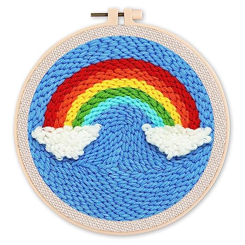 Figured'Art Punch Needle Set für Erwachsene - Stickerei, ideal für Anfänger - Regenbogen - 20x20cm mit rundem Rahmen von Figured'Art