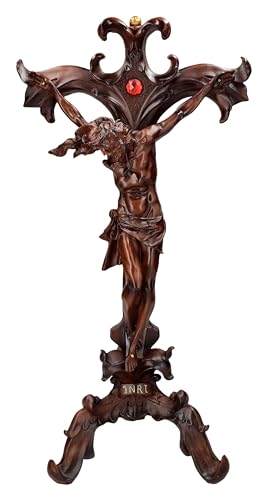 Figuren Shop GmbH Großes Kruzifix Christi Tischkreuz, 57cm - Kunststein in Holzoptik, Handbemalt mit Schmucksteinen, Christliche Deko von Figuren Shop GmbH