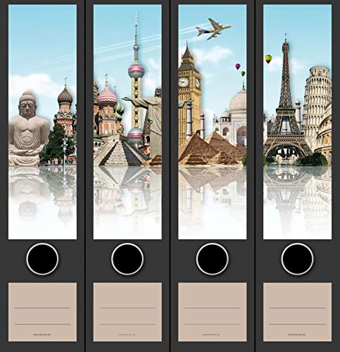 4er Set breite Ordnerrücken World Monuments Paris London Kairo Urlaub File Art Ordner Etiketten Deko AJ 2203 von File Art