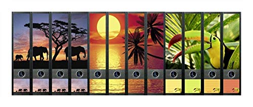 File Art 12er Set Urlaub Sonnenuntergang Beach Afrika Elefant Tukan Ordnerrücken für breite Ordner Ordner Aufkleber Etiketten Deko 418 425 433 von File Art