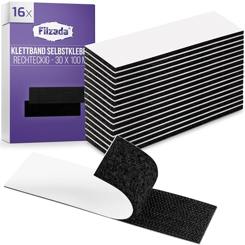 Filzada® 16x Klettband Selbstklebend Schwarz - 30 x 100 mm Zuschnitt - Klettverschluss Selbstklebend - Klettband Selbstklebend EXTRA Stark schwarz - Selbstklebendes Klettband - innen & außen von Filzada