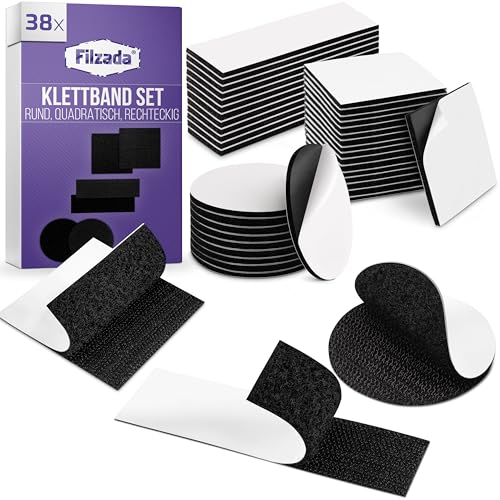 Filzada® 38x Klettband Selbstklebend Schwarz SET - Zuschnitt rund & eckig - Klettverschluss Selbstklebend - Klettband Selbstklebend EXTRA Stark schwarz - Selbstklebendes Klettband - innen & außen von Filzada