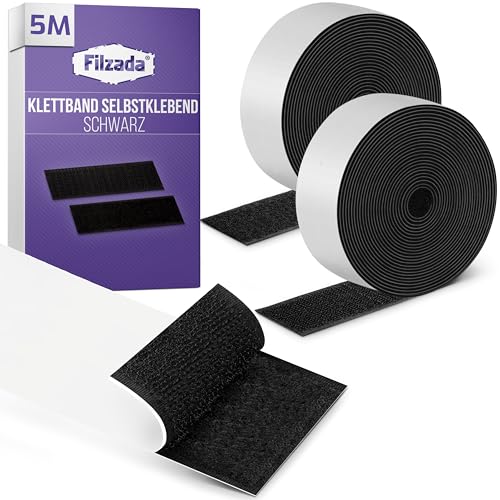 Filzada® 5 Meter Klettband Selbstklebend Schwarz - 50 mm breiter Klettverschluss Selbstklebend - Klettband Selbstklebend EXTRA Stark schwarz - Selbstklebendes Klettband - innen & außen von Filzada