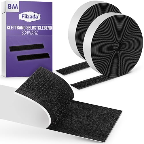 Filzada® 8 Meter Klettband Selbstklebend Schwarz - 20 mm breiter Klettverschluss Selbstklebend - Klettband Selbstklebend EXTRA Stark schwarz - Selbstklebendes Klettband - innen & außen von Filzada