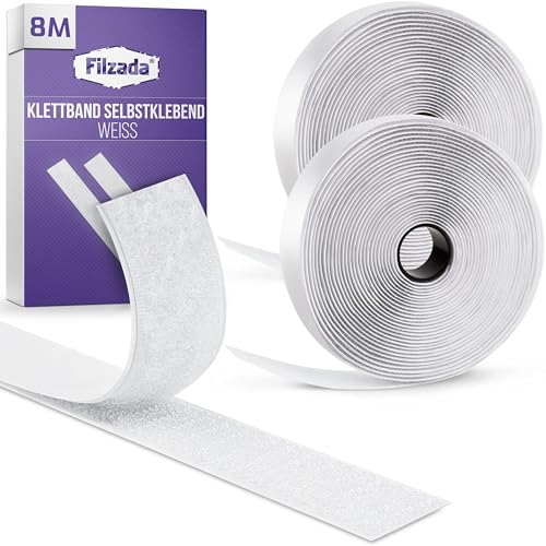 Filzada® 8 Meter Klettband Selbstklebend weiß - 20 mm breiter Klettverschluss Selbstklebend - Klettband Selbstklebend EXTRA Stark weiß - Selbstklebendes Klettband - innen & außen von Filzada