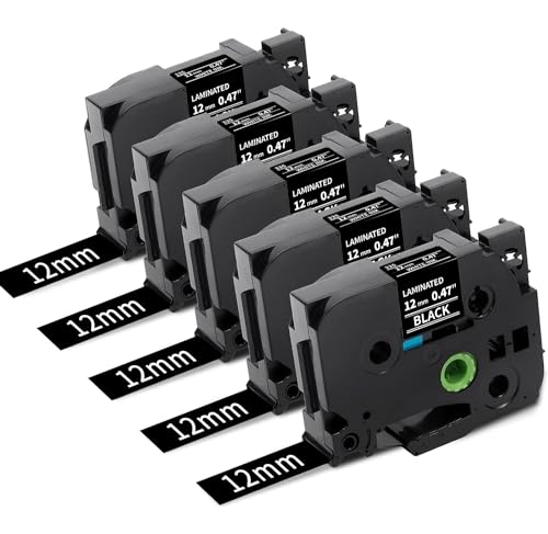 5x Fimax Tech Kompatible mit Brother p touch bänder 12mm TZe-335 TZe335 TZ-335 TZe 335 Etikettenband für PT-H105 H107 H101C H100LB/R 1005 1250 D200 E110 Cube, Weiß auf Schwarz, 12mm x 8m, 5 Pack von Fimax Tech