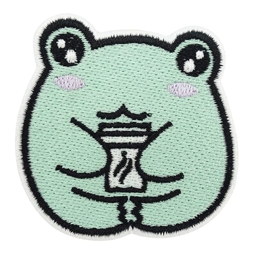 Finally Home Patch zum Aufbügeln - Kaffeepausen Frosch | Kaffee Aufnäher Patch, Süße Tier Aufbügelbilder, Patches zum Aufnähen, Cute Bügel Patches, Bügelbild Klein, Frog Flicken von Finally Home