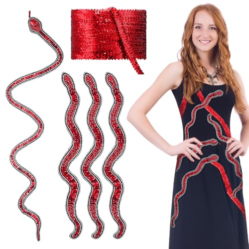 FineCheer 5 Stück Glitzer-Strass und Pailletten, rote Schlange, Applikation, Dekoband, Set mit elastischem Paillettenband, für Kleidung, Dekoration, Nähen, Kleid, Stirnband, DIY, Bekleidungszubehör von FineCheer