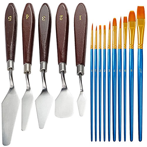 FineGood 5 Stück Palette Messer Set mit 10 Stück Malerei Pinsel, Edelstahl Spachtel Ölfarbe Metall Malmesser Holzgriff und Nylon Haarbürsten für Künstler Anfänger von FineGood