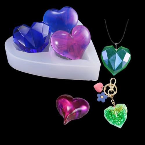 FineInno 3 Kavität Herz Epoxidharz Formen Heart Resin Mold Liebesherz Silikonform Gießform DIY Kristal Diamantförmige Halskette Anhänger von FineInno