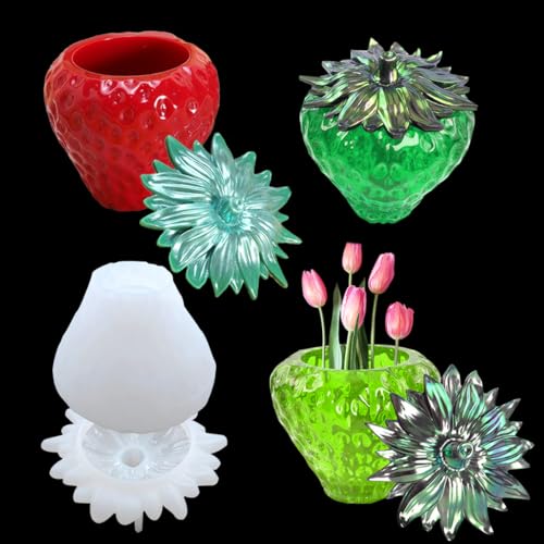 FineInno Aufbewahrungsbox Silikonform, Erdbeeren Dose Epoxidharz Harz Formen mit Deckel Box Resin Mold Schmuck Schachtel Silikon Formen DIY Vorratsdosen Kerzenhalter Vase von FineInno