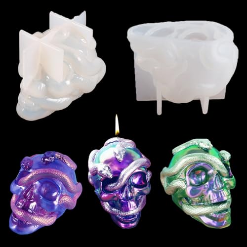 FineInno Schädel Schlange Silikonform Epoxidharz, Totenkopf Kerzenform, Snake Skull Resin Mold, 3D Schädel Seifenformen, Halloween Gießform für DIY Handwerk (Schädel Schlange) von FineInno