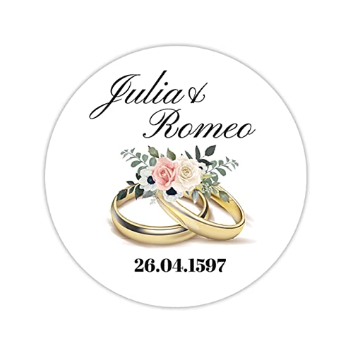 36 x personalisierte Hochzeitsaufkleber mit Datum und Wunschname ∅ je Sticker 5cm runde Deko Aufkleber für Gastgeschenke Hochzeit Name selbstklebend (01 Goldene Ringe) von Finest Folia