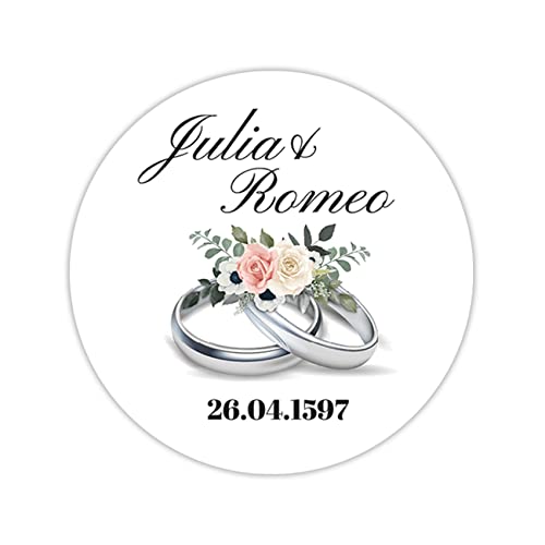 36 x personalisierte Hochzeitsaufkleber mit Datum und Wunschname ∅ je Sticker 5cm runde Deko Aufkleber für Gastgeschenke Hochzeit Name selbstklebend (02 Silberne Ringe) von Finest Folia