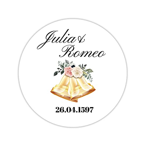 36 x personalisierte Hochzeitsaufkleber mit Datum und Wunschname ∅ je Sticker 5cm runde Deko Aufkleber für Gastgeschenke Hochzeit Name selbstklebend (03 Glocken) von Finest Folia