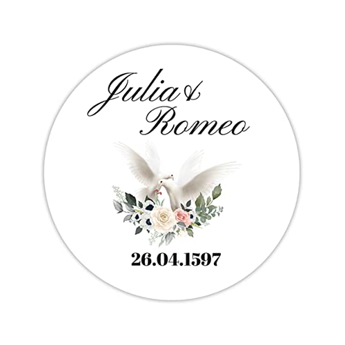 36 x personalisierte Hochzeitsaufkleber mit Datum und Wunschname ∅ je Sticker 5cm runde Deko Aufkleber für Gastgeschenke Hochzeit Name selbstklebend (04 Tauben) von Finest Folia