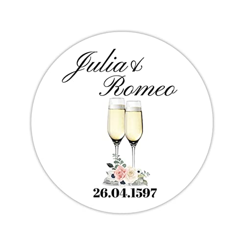 36 x personalisierte Hochzeitsaufkleber mit Datum und Wunschname ∅ je Sticker 5cm runde Deko Aufkleber für Gastgeschenke Hochzeit Name selbstklebend (05 Sekt) von Finest Folia