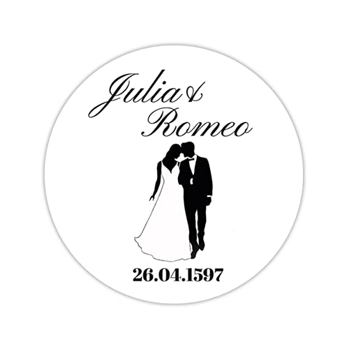 36 x personalisierte Hochzeitsaufkleber mit Datum und Wunschname ∅ je Sticker 5cm runde Deko Aufkleber für Gastgeschenke Hochzeit Name selbstklebend (06 Brautpaar) von Finest Folia