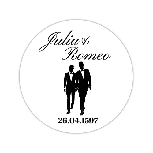 36 x personalisierte Hochzeitsaufkleber mit Datum und Wunschname ∅ je Sticker 5cm runde Deko Aufkleber für Gastgeschenke Hochzeit Name selbstklebend (07 Traupaar männlich) von Finest Folia