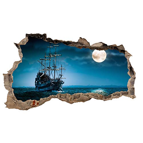 3D Wandtattoo Mauerloch Wandsticker Wandaufkleber Durchbruch Städte Landschaft Abenteuer selbstklebend H 60 x B 100 Schlafzimmer Wohnzimmer (WL05 Piratenschiff) von Finest Folia