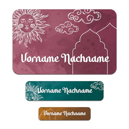 50 x personalisierte Namensaufkleber Sticker mit Wunschname Klebeetiketten zum Markieren Stifte Hefte mit Kinder Name Schule Kindergarten Aufkleber Set (26 Orientalisch) von Finest Folia