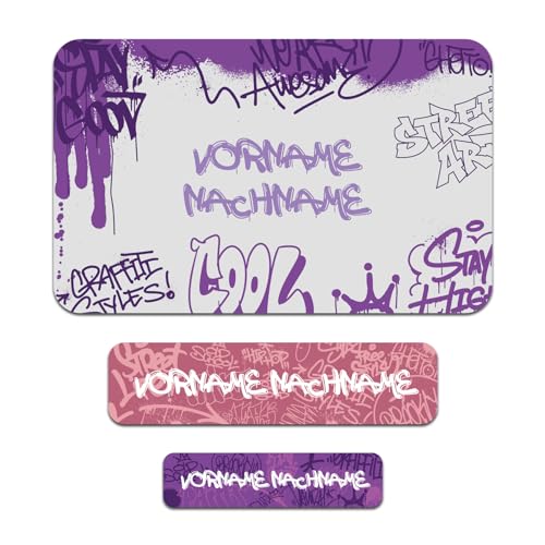 50 x personalisierte Namensaufkleber Sticker mit Wunschname Klebeetiketten zum Markieren Stifte Hefte mit Kinder Name Schule Kindergarten Aufkleber Set (29 Graffiti) von Finest Folia