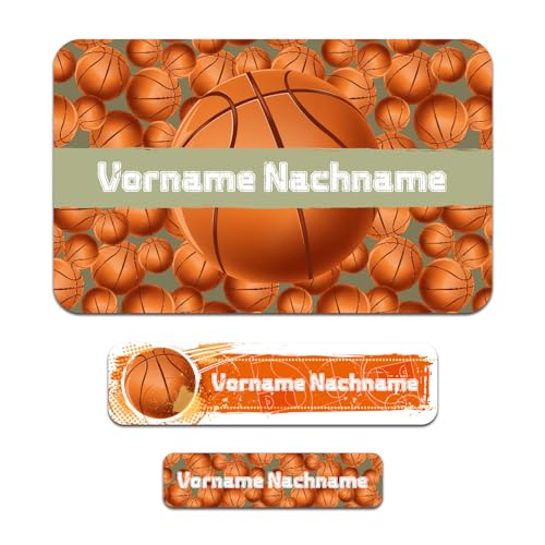 50 x personalisierte Namensaufkleber Sticker mit Wunschname Klebeetiketten zum Markieren Stifte Hefte mit Kinder Name Schule Kindergarten Aufkleber Set (30 Basketball) von Finest Folia