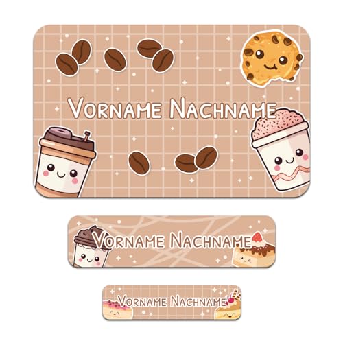 50 x personalisierte Namensaufkleber Sticker mit Wunschname Klebeetiketten zum Markieren Stifte Hefte mit Kinder Name Schule Kindergarten Aufkleber Set (34 Coffeeshop) von Finest Folia