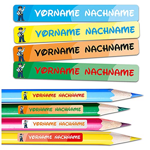 60 x Namensaufkleber Wunschname personalisiert je 4,5x0,6cm Aufkleber mit Kinder Name Beschriftung Schule Kindergarten Stifte Sticker (Nr. 14 Polizist, Für schmale Oberflächen) von Finest Folia