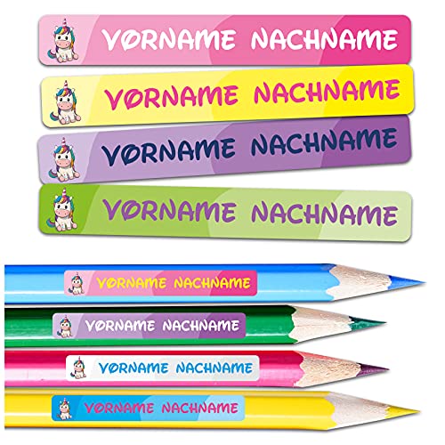 60 x Namensaufkleber Wunschname personalisiert je 4,5x0,6cm Aufkleber mit Kinder Name Beschriftung Schule Kindergarten Stifte Sticker (Nr. 30 Einhorn, Für schmale Oberflächen) von Finest Folia