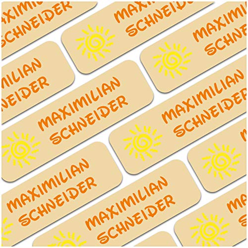 80 x Namensaufkleber Wunschname personalisiert je 3,5x1cm Aufkleber mit Kinder Name Beschriftung Schule Kindergarten Kleidung Sticker (Nr. 15 Sonne, Für feste Oberflächen) von Finest Folia