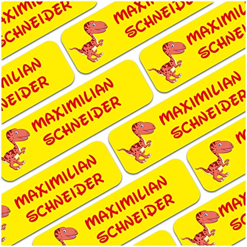 80 x Namensaufkleber Wunschname personalisiert je 3,5x1cm Aufkleber mit Kinder Name Beschriftung Schule Kindergarten Kleidung Sticker (Nr. 27 Dino, Für feste Oberflächen) von Finest Folia