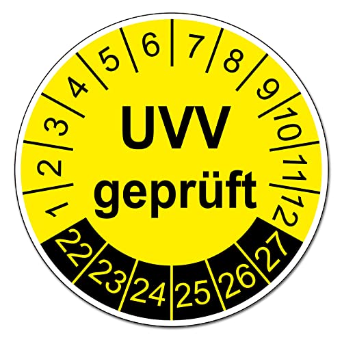 Aufkleber Set UVV geprüft nächste Prüfung Plaketten Grundplaketten Prüfplaketten 2022-2027 Prüfetiketten PVC Vinyl Folie selbstklebend R180 (10 Stück, Plakette UVV geprüft) von Finest Folia