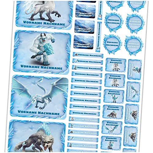 Schleich© Eldrador Creatures 50x Namensaufkleber personalisierte Sticker mit Wunschname zum Markieren von Hefte Stifte Kinder Name Schule Kindergarten Set Figur (03 Eiswelt) von Finest Folia