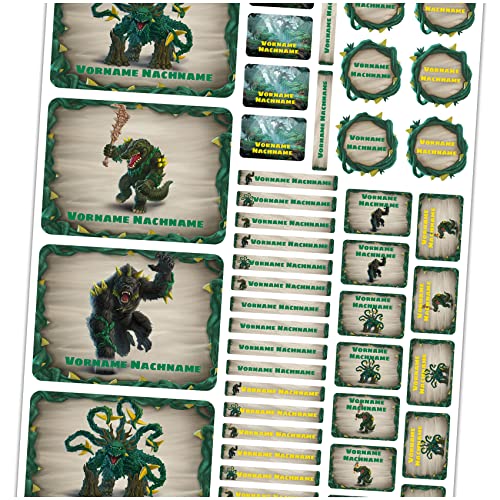 Schleich© Eldrador Creatures 50x Namensaufkleber personalisierte Sticker mit Wunschname zum Markieren von Hefte Stifte Kinder Name Schule Kindergarten Set Figur (04 Dschungelwelt) von Finest Folia