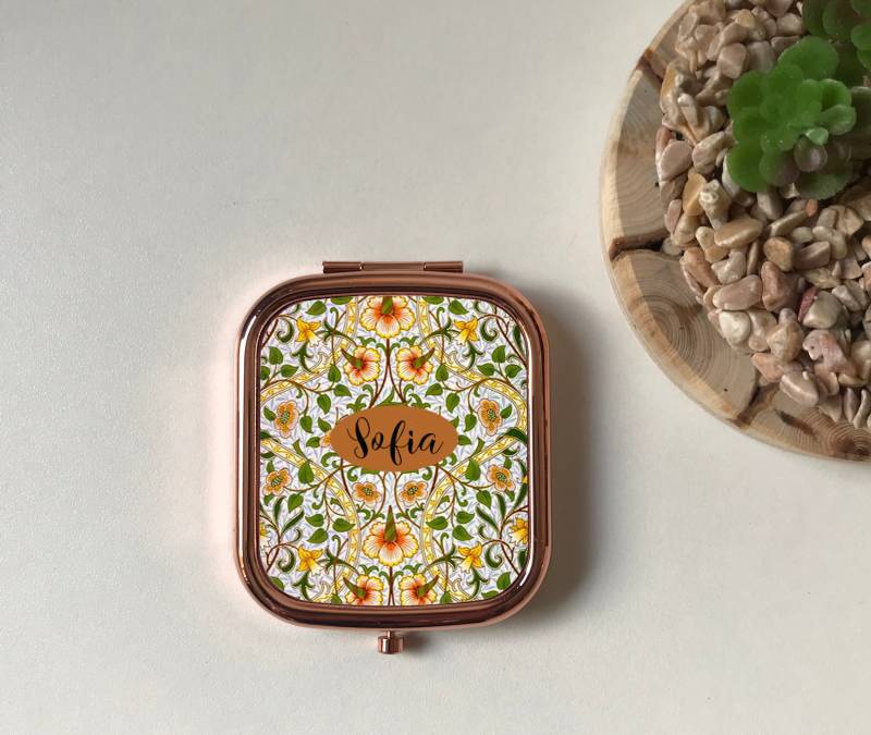 Personalisierter Kompaktspiegel Mit Narzisse Von William Morris, Andenkengeschenk Für Mama, Roségoldener Schminkspiegel, Silberne von FinestGiftDesigns