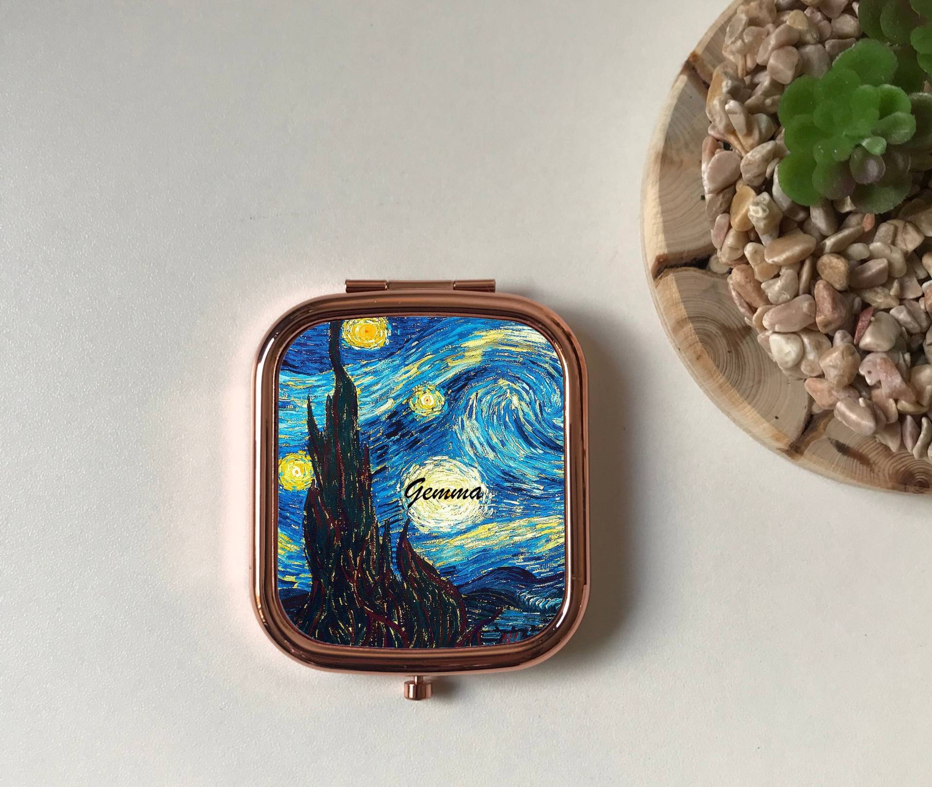 sternennacht Personalisierter Kompaktspiegel, Van Gogh Taschenspiegel Rund, Andenken Geschenk Freund, Blau Gelb Kunst, Roségold, Silber, Für Künstler von FinestGiftDesigns