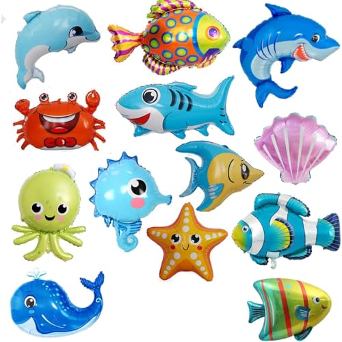 14 Stück Meerestierballons Unter dem Meer Große Ozeanballons Octopus Hai Fisch Ozeanballons Meeresballons Mylarballons Meer Unterwassertiere für Jungen Mädchen Ozean Mottoparty Babyparty von Finypa