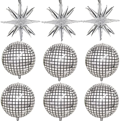 9 Stück Riesige Silber 4D Disco Ball Ballons, 55,9 cm Silber Explosion Stern Folie Mylar-Luftballons und 4D runde metallisch Silber Disco Ballons für 70er 80er Jahre Disco Fever Party Dekoration von Finypa