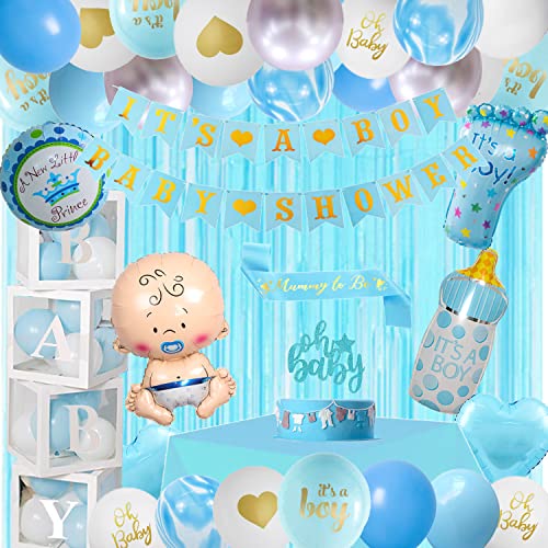 Babyparty Dekorationen für Jungen, Blau Baby Party Dekor Kit mit Luftballons Boxen, Blau Ballon Girlande Hintergrund Banner und Tischdecke und Babyparty Schärpe, Babyparty Luftballons Dekorationen von Finypa