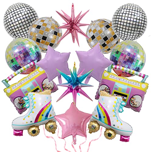 Finypa 15 Stücke Regenbogen Roller Skate Boom Box Ballon und Gold Explosion Star Aluminiumfolie Ballons, 4D Laser Disco Folie Ballons 80er Jahre Retro Thema Hip Hop Disco Fieber Party Ballon Dekor von Finypa