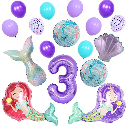 Finypa 3. Meerjungfrau Geburtstag Dekoration Lila Ballon Girlande Kit, Meerjungfrau Schwanz Muschel Folienballons für Mädchenparty, kleine Meerjungfrau Party Supplies Meerjungfrau Ballon Bouque von Finypa