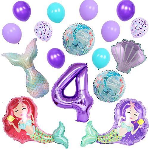 Finypa 4. Meerjungfrau Geburtstag Dekoration Lila Ballon Girlande Kit Meerjungfrau Schwanz Muschel Folienballons für Mädchen Party Kleine Meerjungfrau Party Supplies Meerjungfrau Ballon Bouque von Finypa