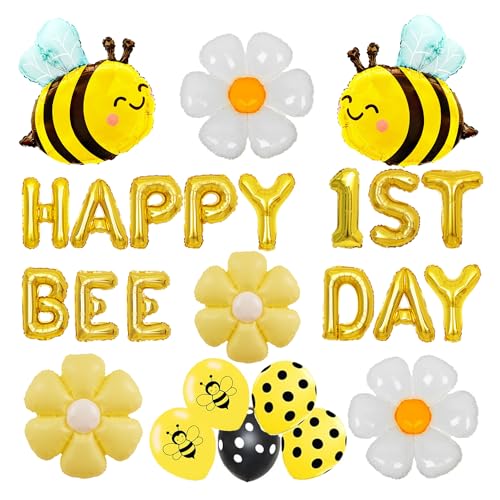 Finypa Happy 1st Bee Day Ballon Bee Themed Geburtstag Party Dekorationen, Happy Bee Day Luftballons Banner, Gelbe Biene Folienballons Gänseblümchen Mylar Folienballons für Jungen Mädchen Happy 1st Bee von Finypa