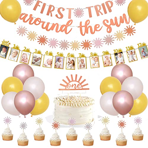 First Trip Around The Sun Birthday Decorations Boho Sun 1st Birthday Banner Baby Photo Banner You Are My Sunshine Party Supplies Muted Sun Dessert Table Backdrop for 1st Birthday Girl Decorations von Finypa