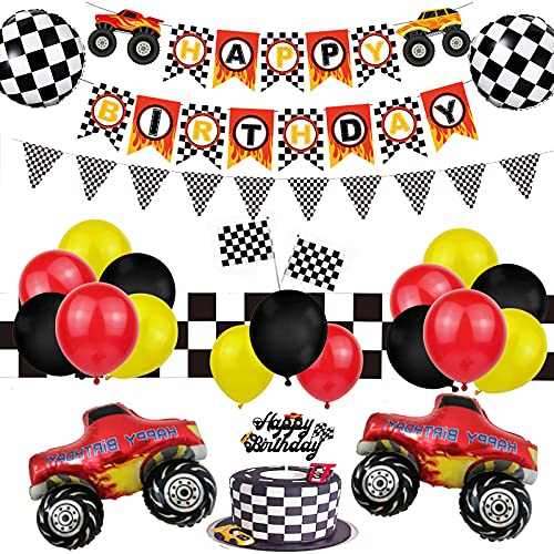 Rennwagen Geburtstag Party Deko Monster Truck PartyzubehöR Set,48 Stk Truck Geburtstag Party Dekorationen Mit Happy Birthday-Bannern, Monster-Truck-Bannern, Luftballons,Cake Topper von Finypa