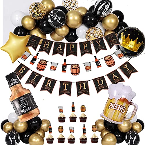 Whiskey Party Dekorationen für Männer, Gold Schwarz Latex Ballons Alter to Perfektion Whiskey Folienballons Happy Birthday Banner für Frauen Geburtstagsdekorationen Aged to Perfection Party Supplies von Finypa