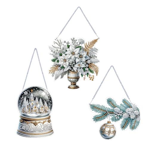 Fiorky 3-teiliges Weihnachts-Diamantgemälde-Hängeschild-Set, 5D-Acryl-Weihnachts-Hängeanhänger, Strass-Diamant-Kunst, Fensteranhänger for Zuhause, Garten, Wandbehang-Sets, Hängedekoration von Fiorky